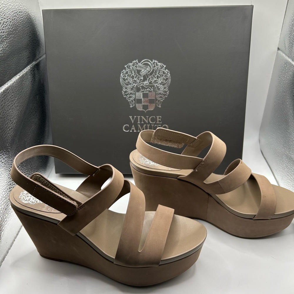 Vince Camuto Tan Wedge Sandals with Cross-Over Straps